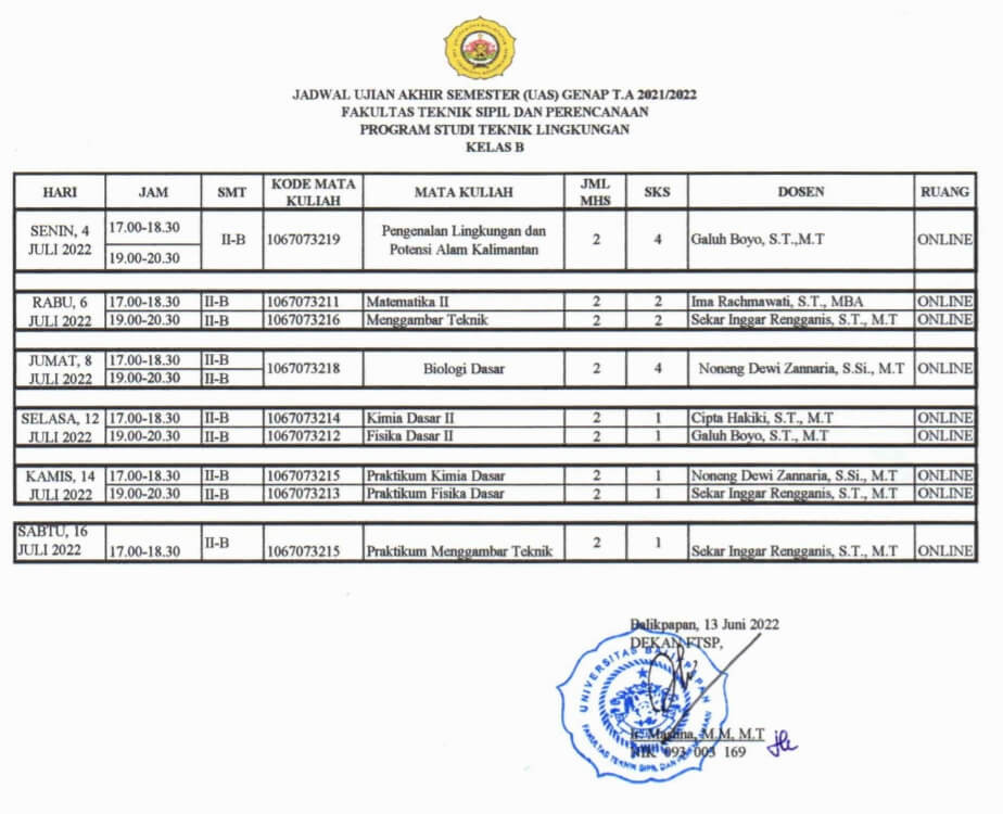 jadwal Ujian Akhir Semester T.A 2021/2022